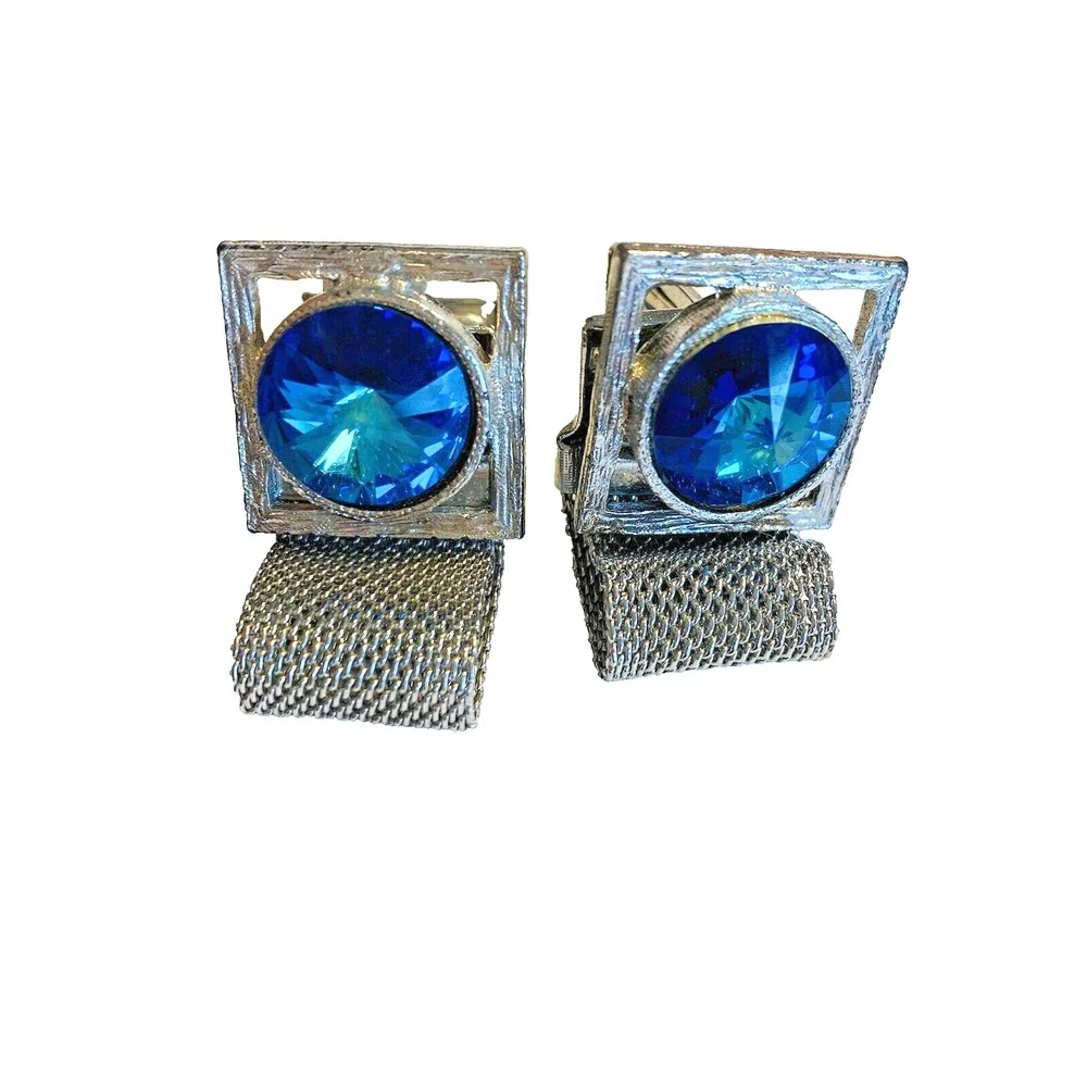 Vintage Blue Rivoli Wrap Cufflinks Large Stones Silvertone Mesh Mid Century Chic